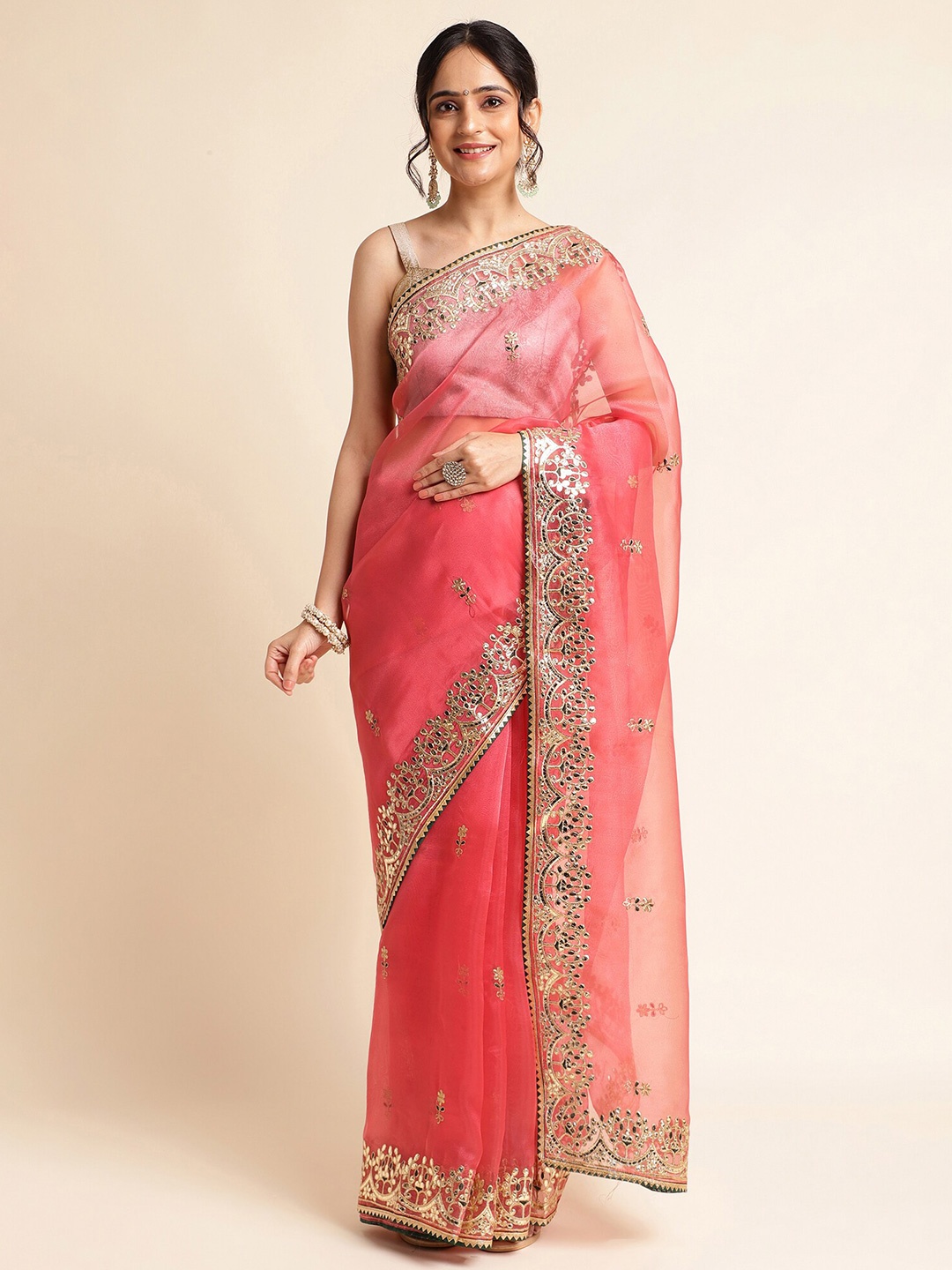 

FABMORA Floral Embroidered Organza Saree, Pink