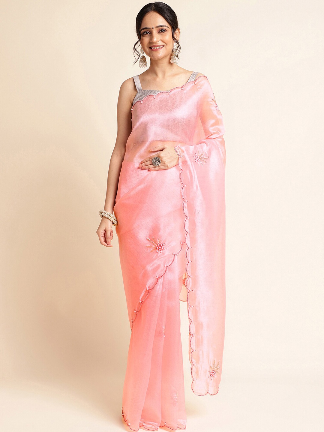 

FABMORA Embellished Organza Saree, Peach
