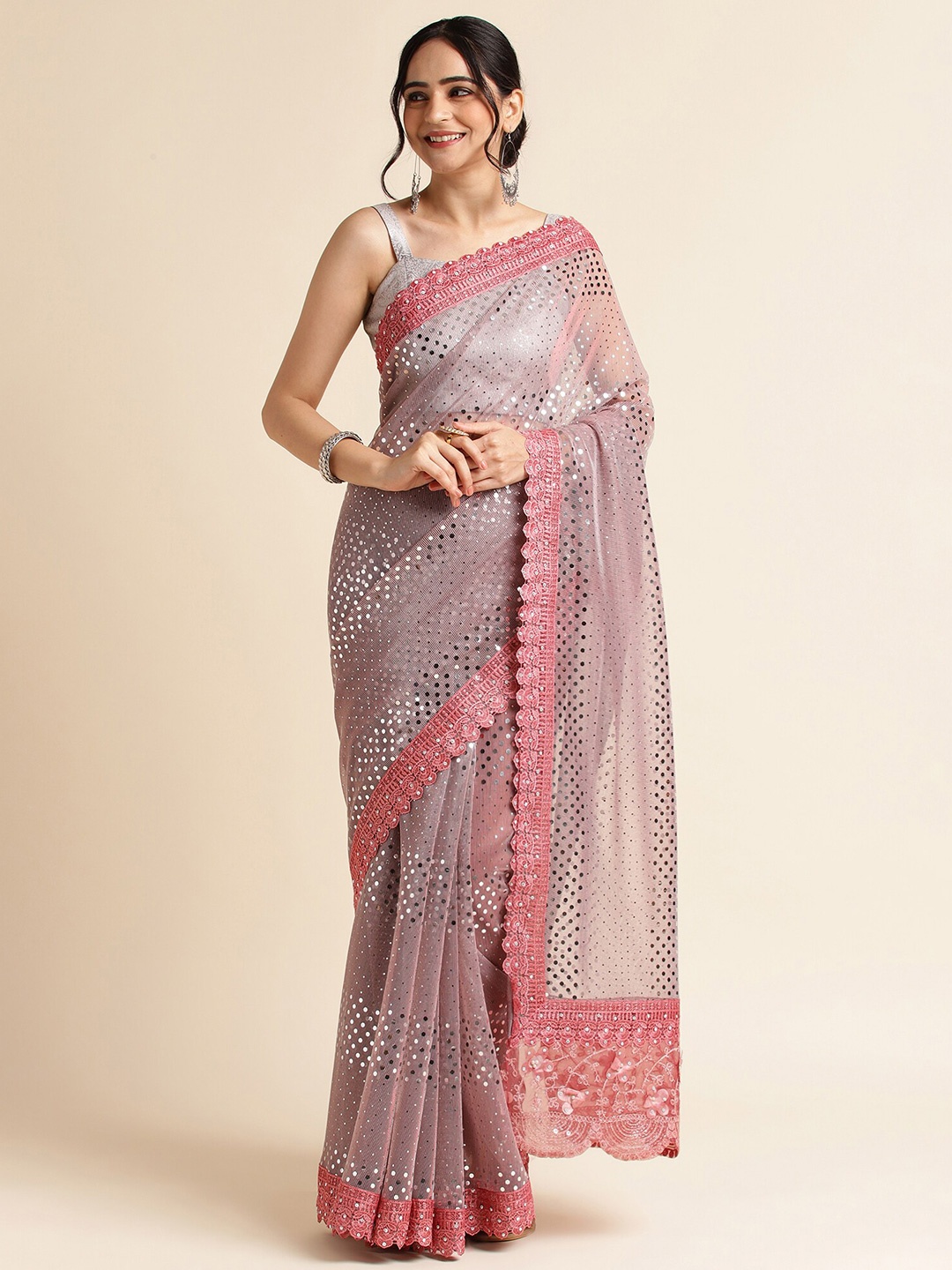 

FABMORA Embellished Sequinned Saree, Peach