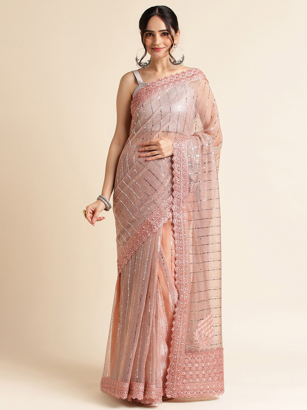 

FABMORA Ethnic Motifs Embellished Saree, Peach