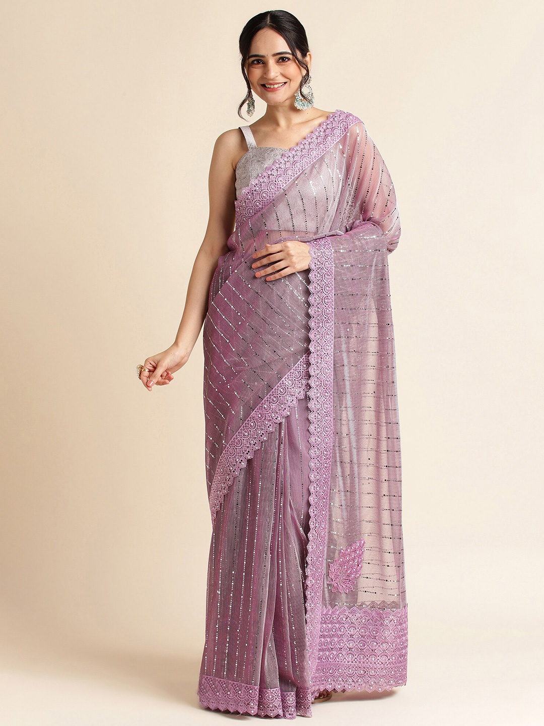 

FABMORA Ethnic Motifs Embellished Saree, Purple