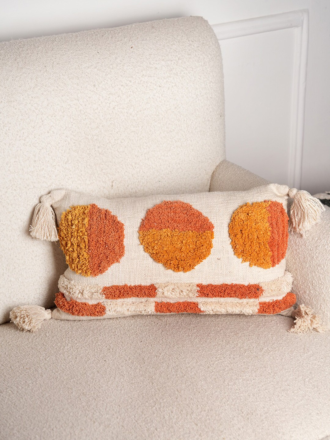 

Art Avenue Cream & Yellow Self Design Cotton Rectangle Cushion Cover