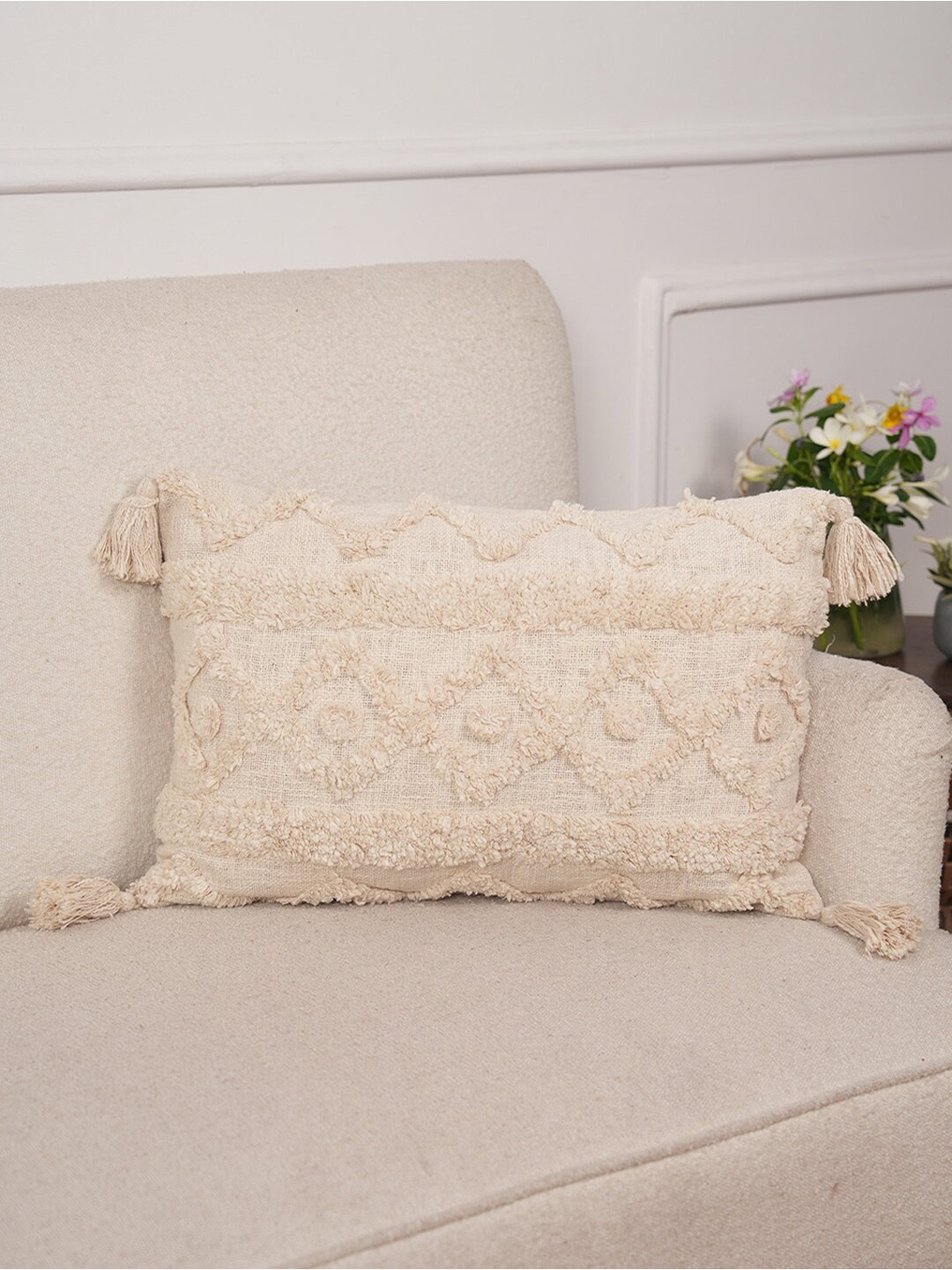 

Art Avenue Off White Self Design Cotton Rectangle Cushion Cover, Multi
