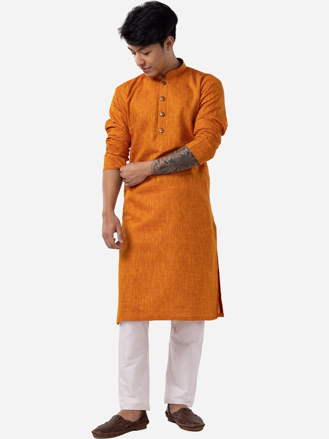 

THE KURTA COMPANY Geometric Printed Mandarin Collar Silk Straight Kurta, Mustard