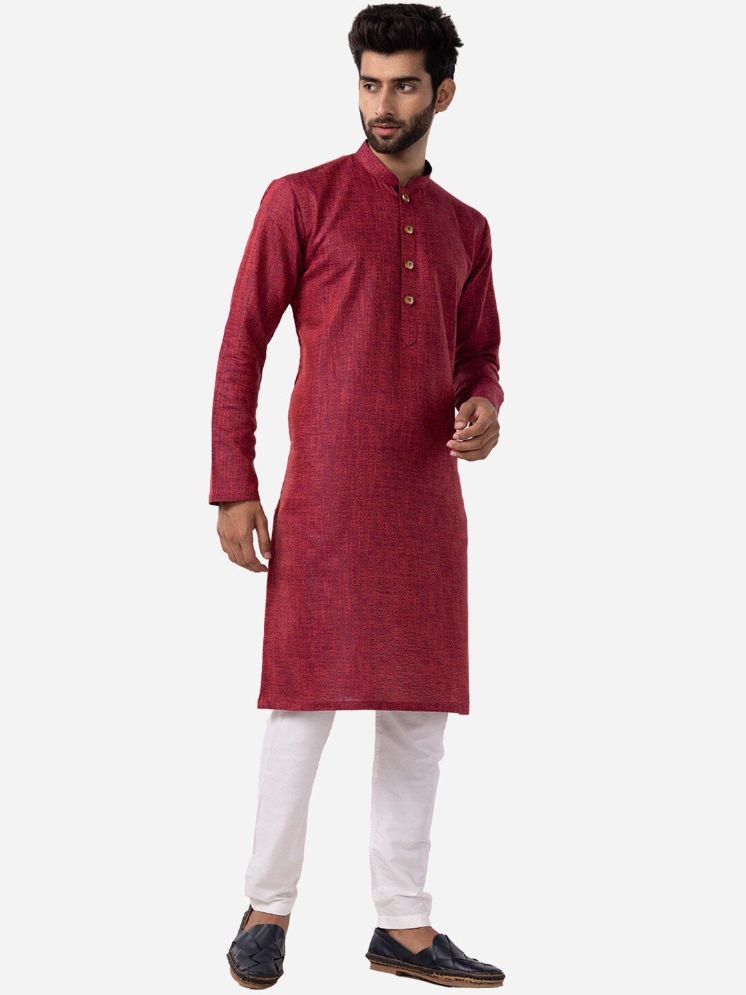 

THE KURTA COMPANY Geometric Printed Mandarin Collar Silk Straight Kurta, Red