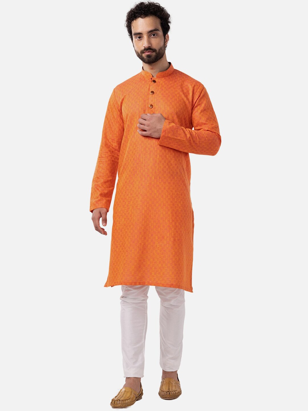 

THE KURTA COMPANY Geometric Printed Mandarin Collar Silk Straight Kurta, Orange