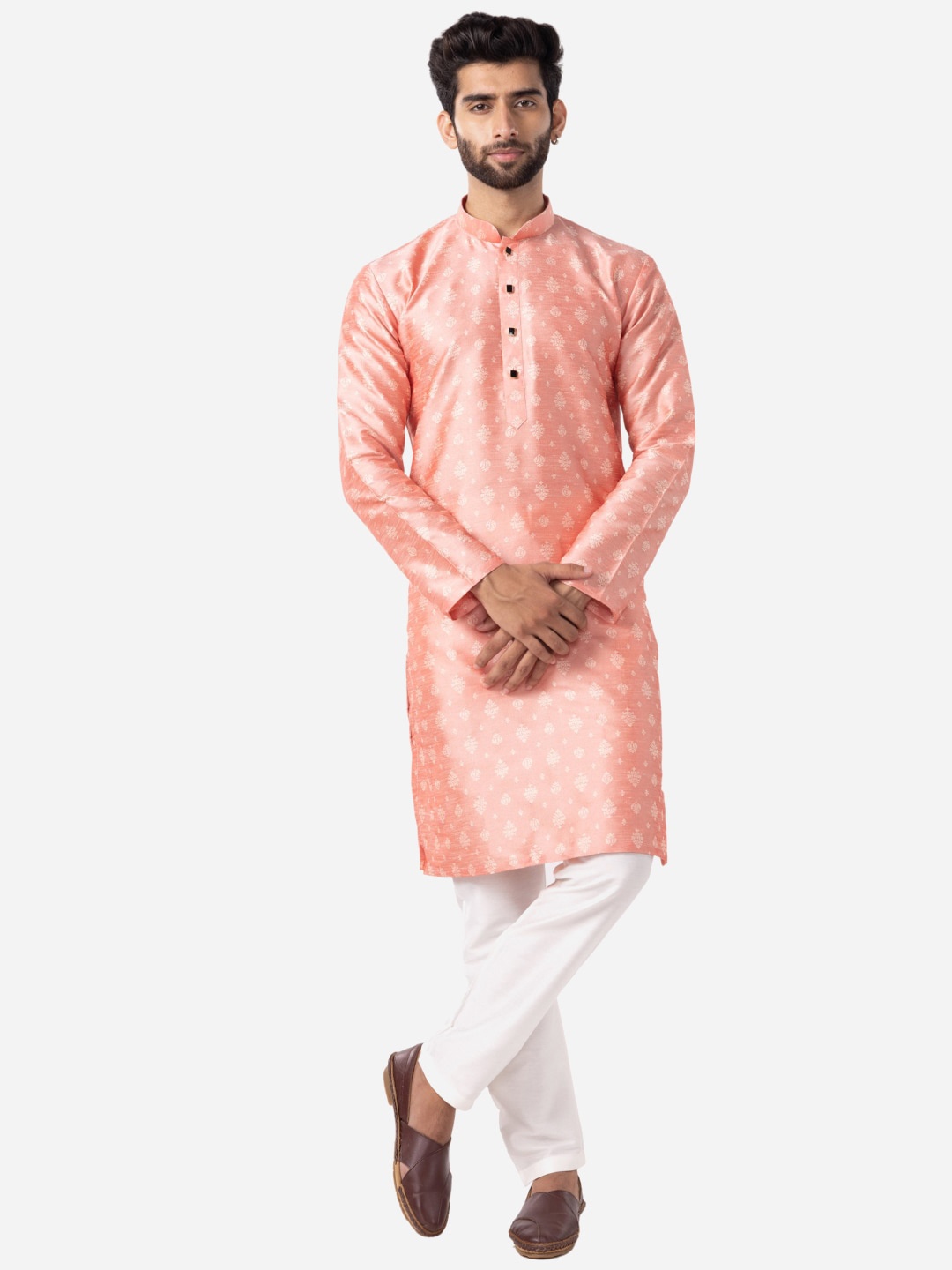 

THE KURTA COMPANY Ethnic Motifs Printed Mandarin Collar Silk Straight Kurta, Pink