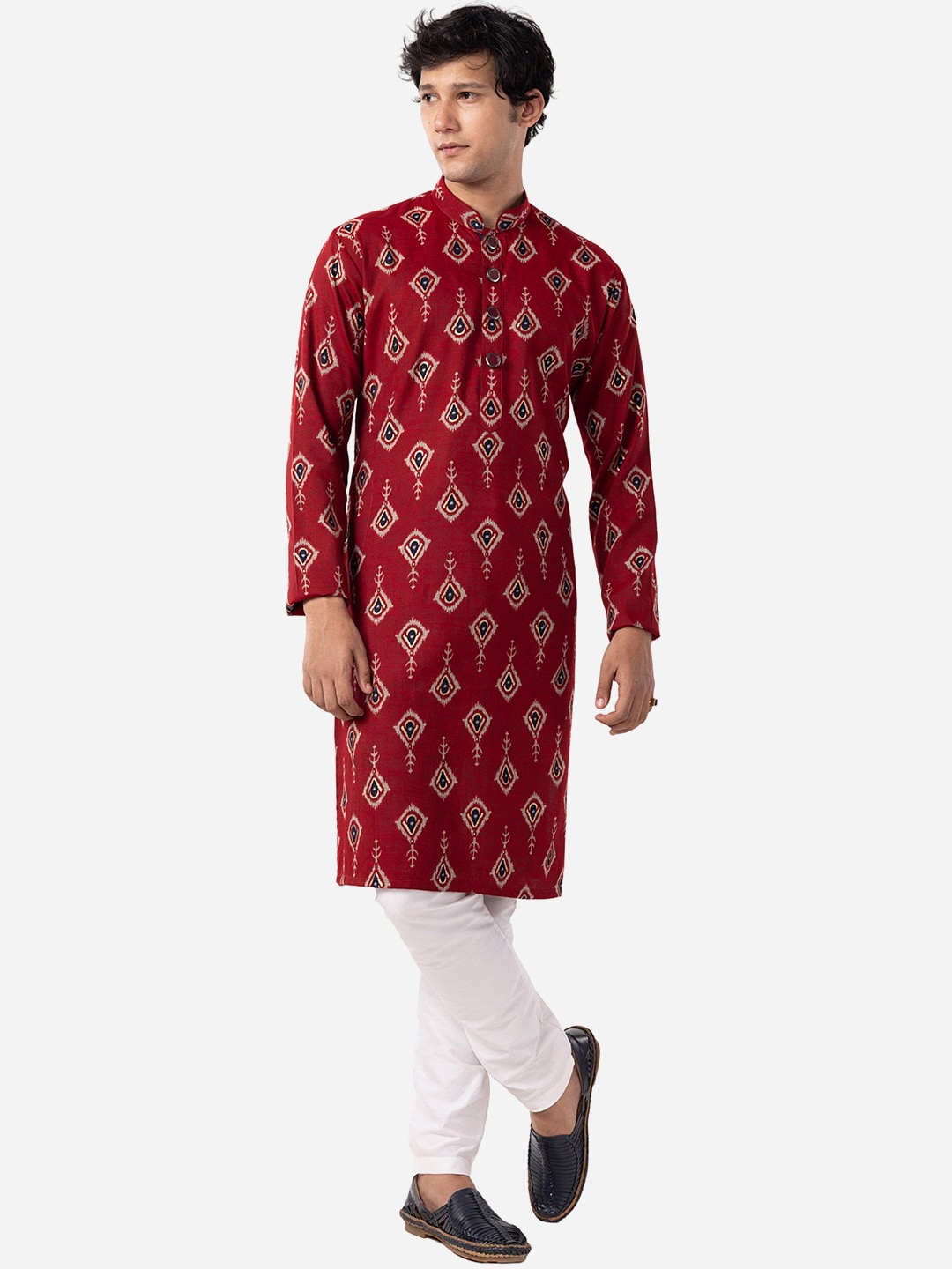 

THE KURTA COMPANY Ethnic Motifs Printed Mandarin Collar Cotton Straight Kurta, Red