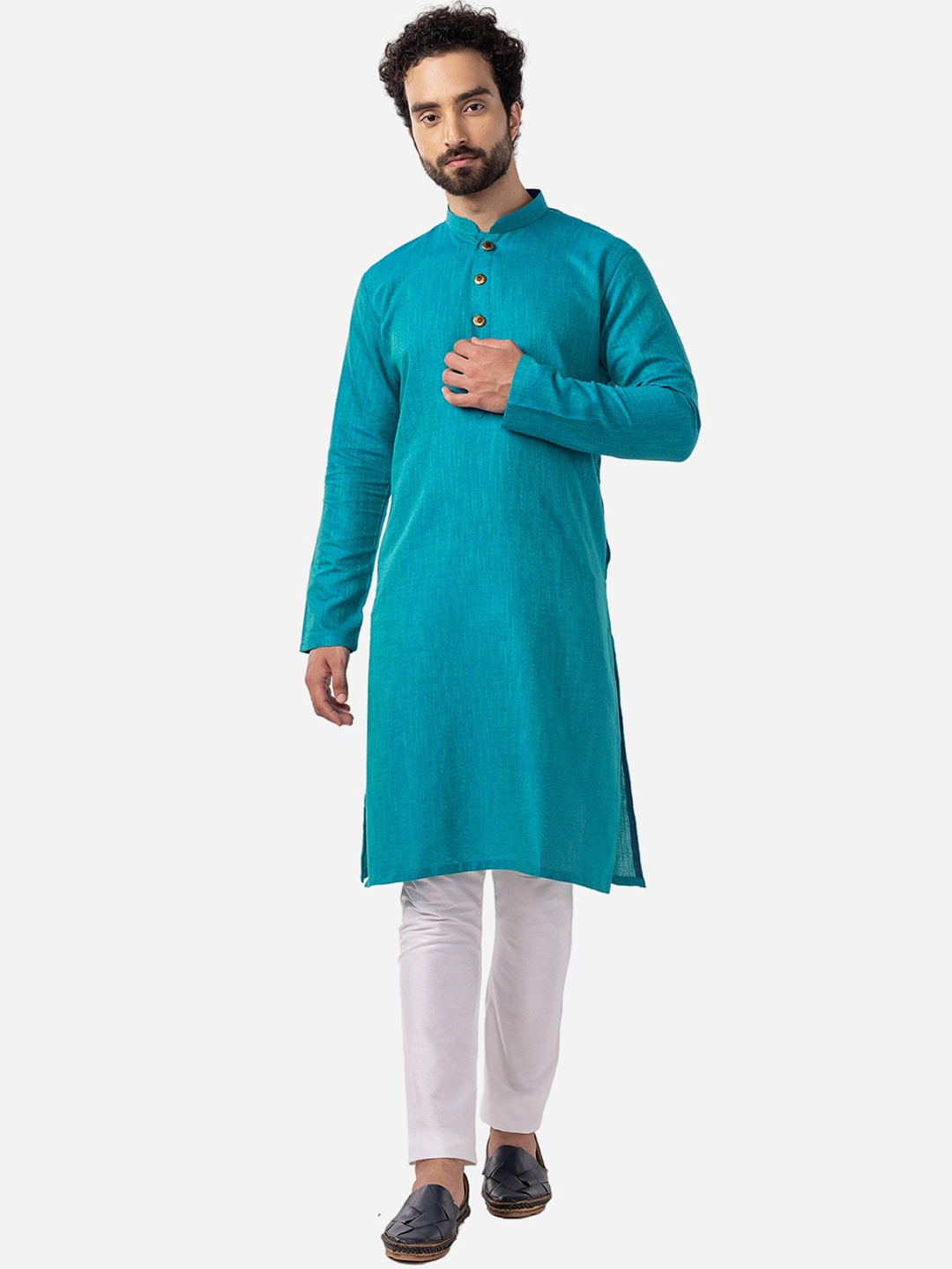 

THE KURTA COMPANY Geometric Printed Mandarin Collar Indigo Cotton Straight Kurta, Turquoise blue