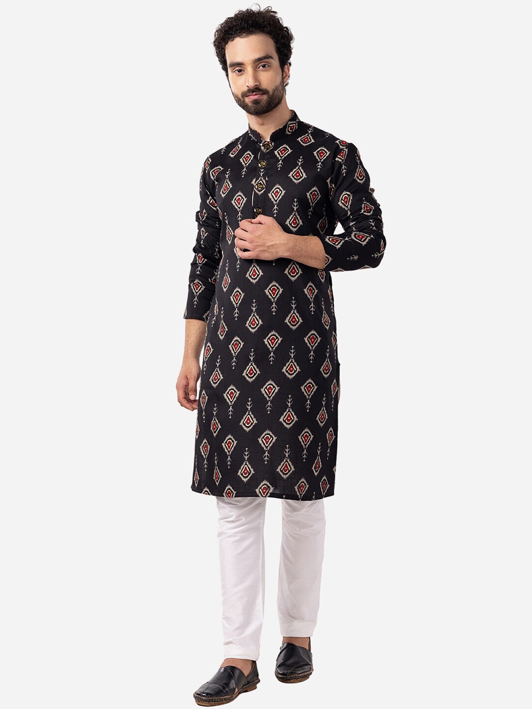

THE KURTA COMPANY Ethnic Motifs Printed Mandarin Collar Cotton Straight Kurta, Black