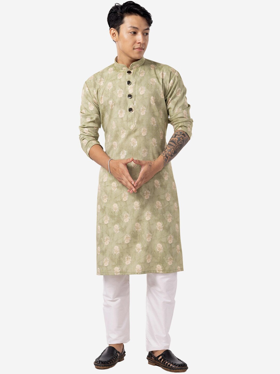 

THE KURTA COMPANY Floral Printed Mandarin Collar Cotton Straight Kurta, Green