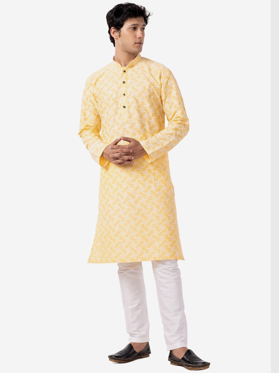 

THE KURTA COMPANY Ethnic Motifs Printed Mandarin Collar Pastel Silk Straight Kurta, Yellow