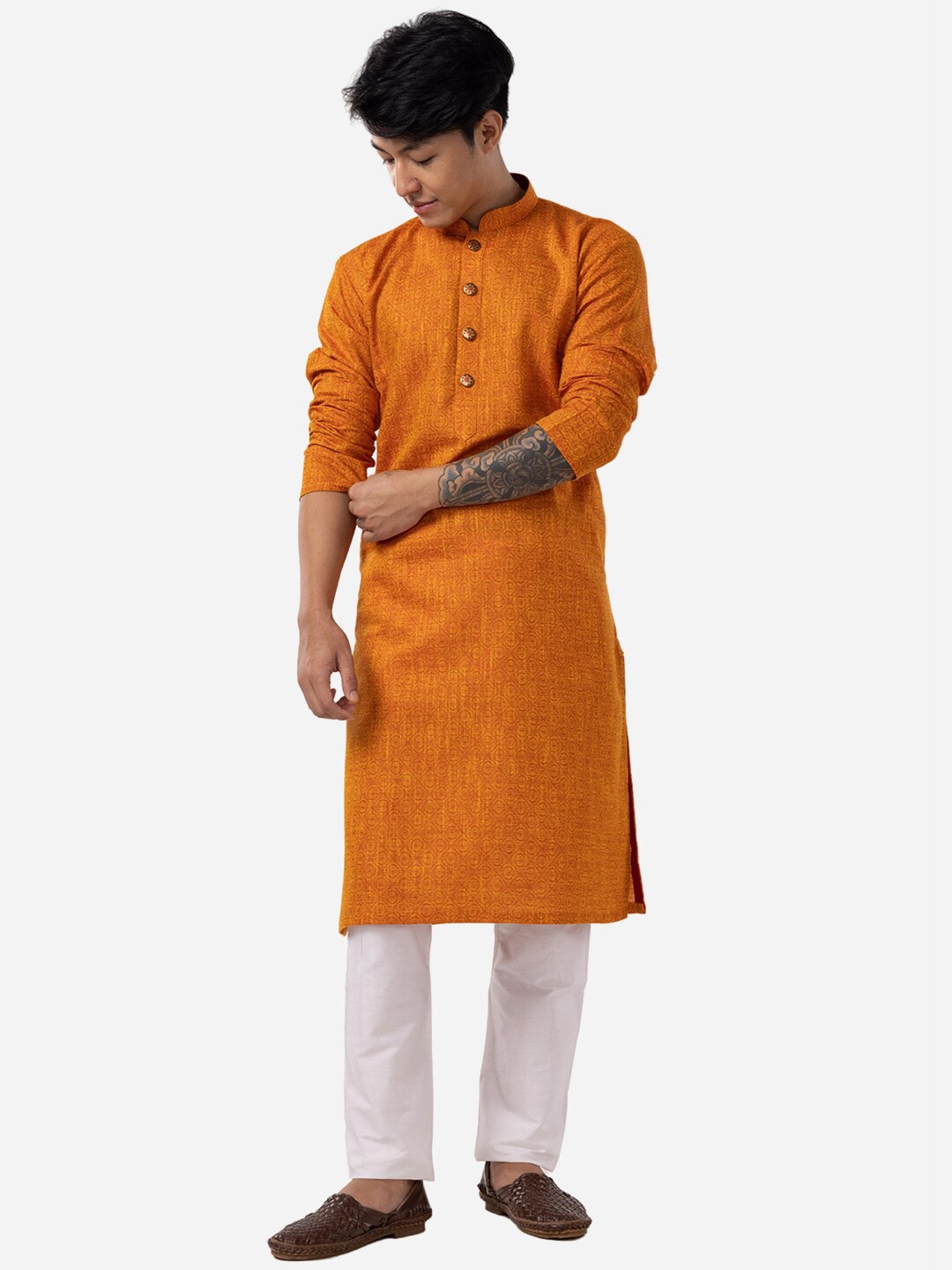 

THE KURTA COMPANY Ethnic Motifs Printed Mandarin Collar Silk Kurta, Orange