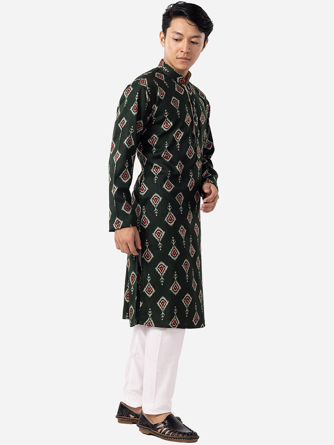 

THE KURTA COMPANY Ethnic Motifs Printed Mandarin Collar Cotton Kurta, Green