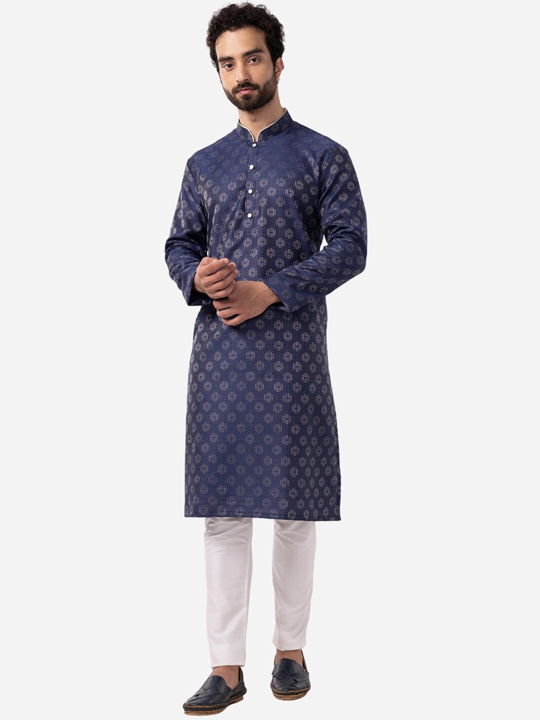 

THE KURTA COMPANY Geometric Printed Mandarin Collar Kurta, Navy blue