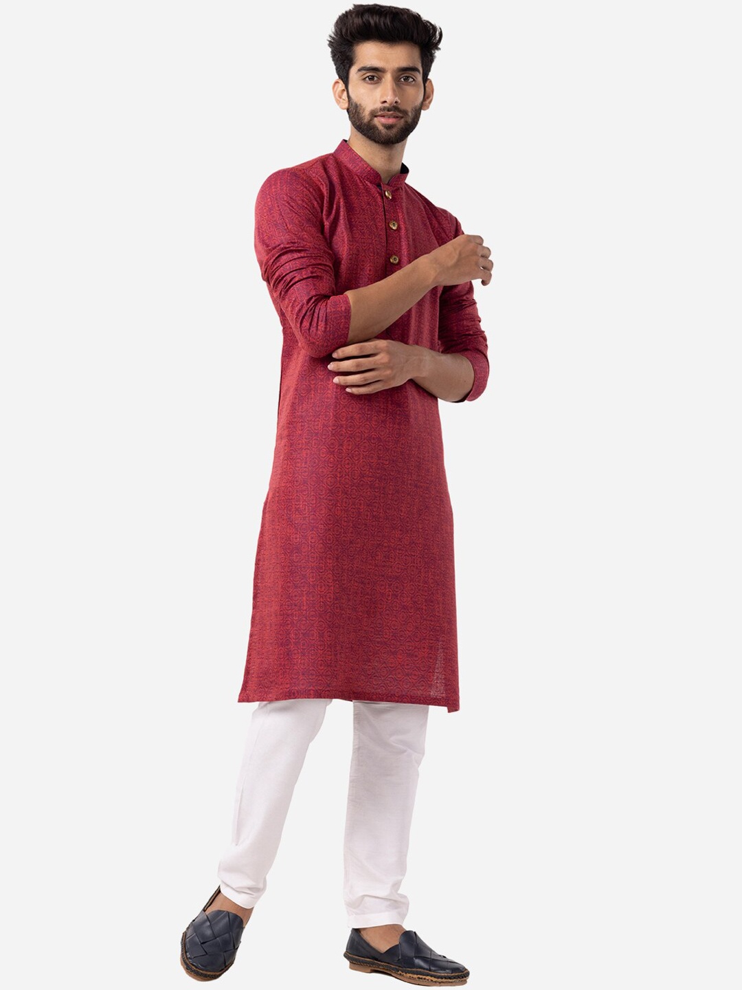 

THE KURTA COMPANY Ethnic Motifs Printed Mandarin Collar Kurta, Red