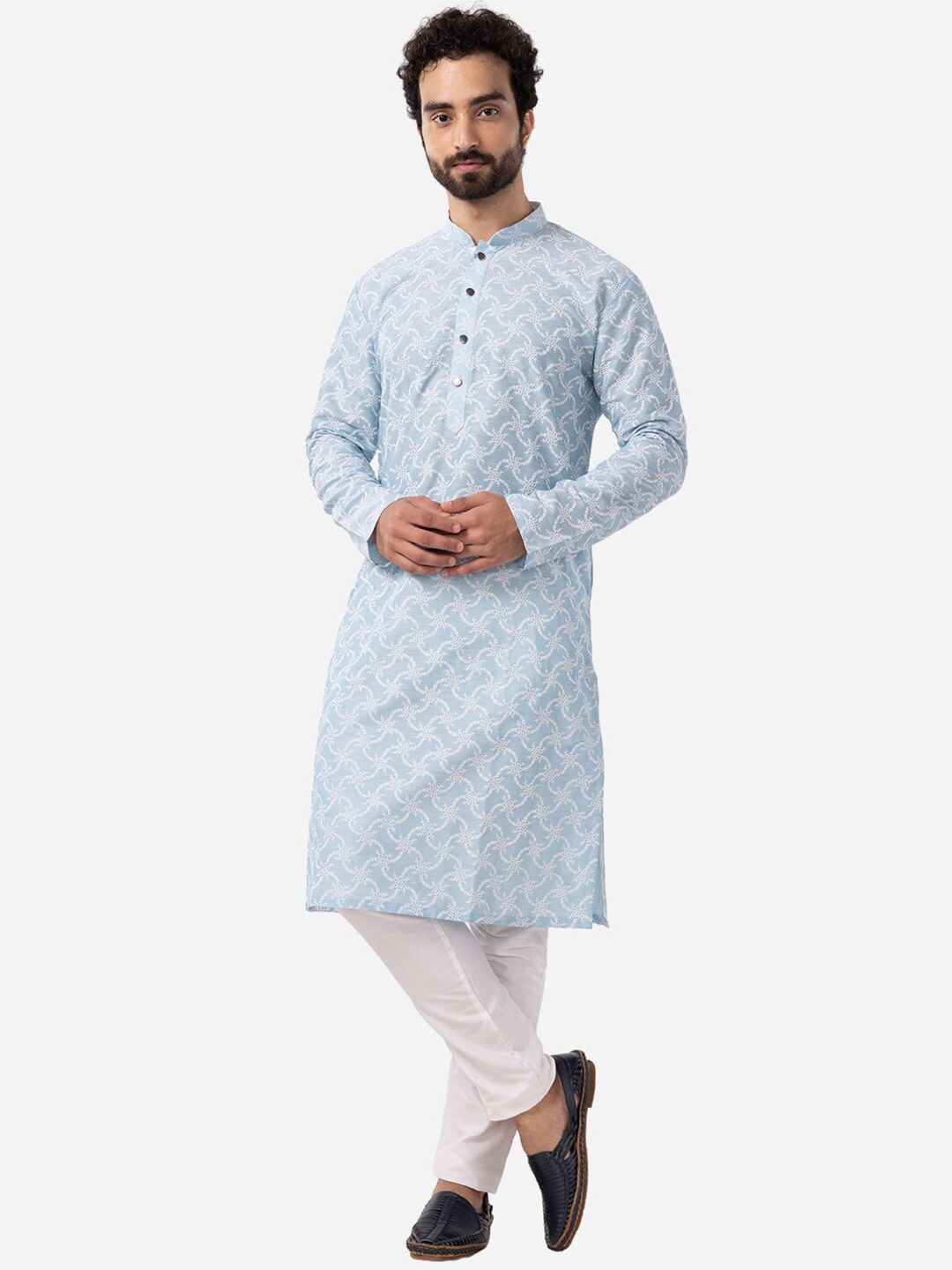 

THE KURTA COMPANY Ethnic Motifs Printed Mandarin Collar Kurta, Blue