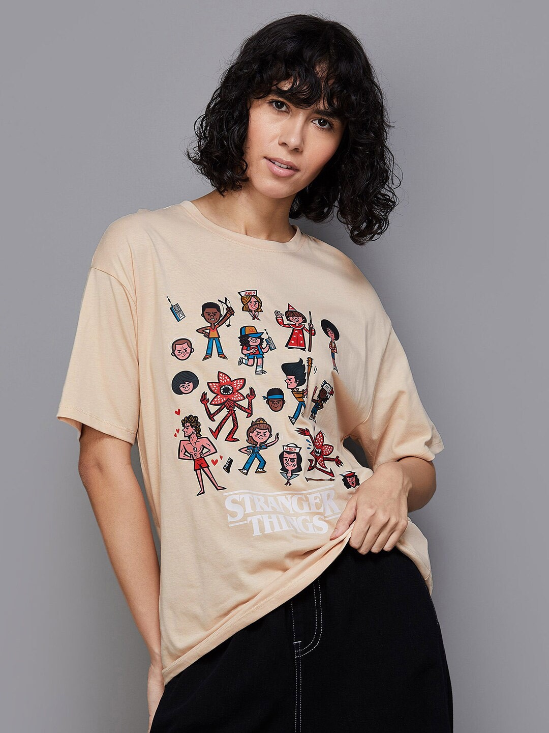 

Ginger by Lifestyle Graphic Printed Drop-Shoulder Sleeves Pure Cotton T-shirt, Beige