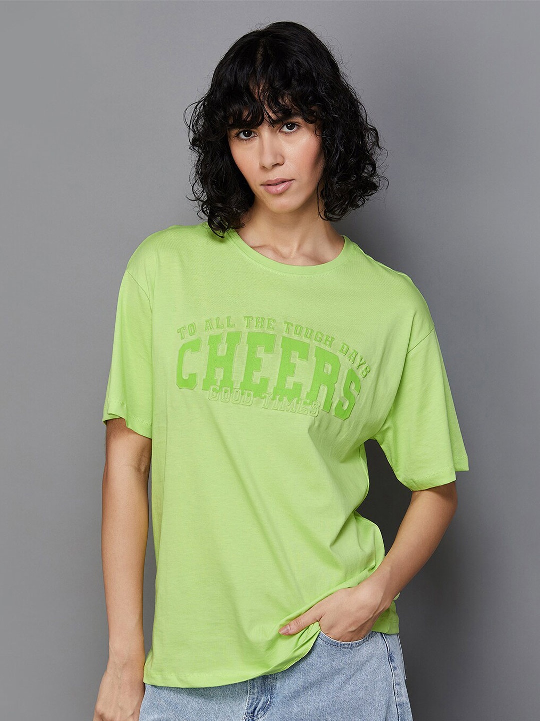 

Ginger by Lifestyle Typography Printed Drop-Shoulder Sleeves Pure Cotton T-shirt, Yellow