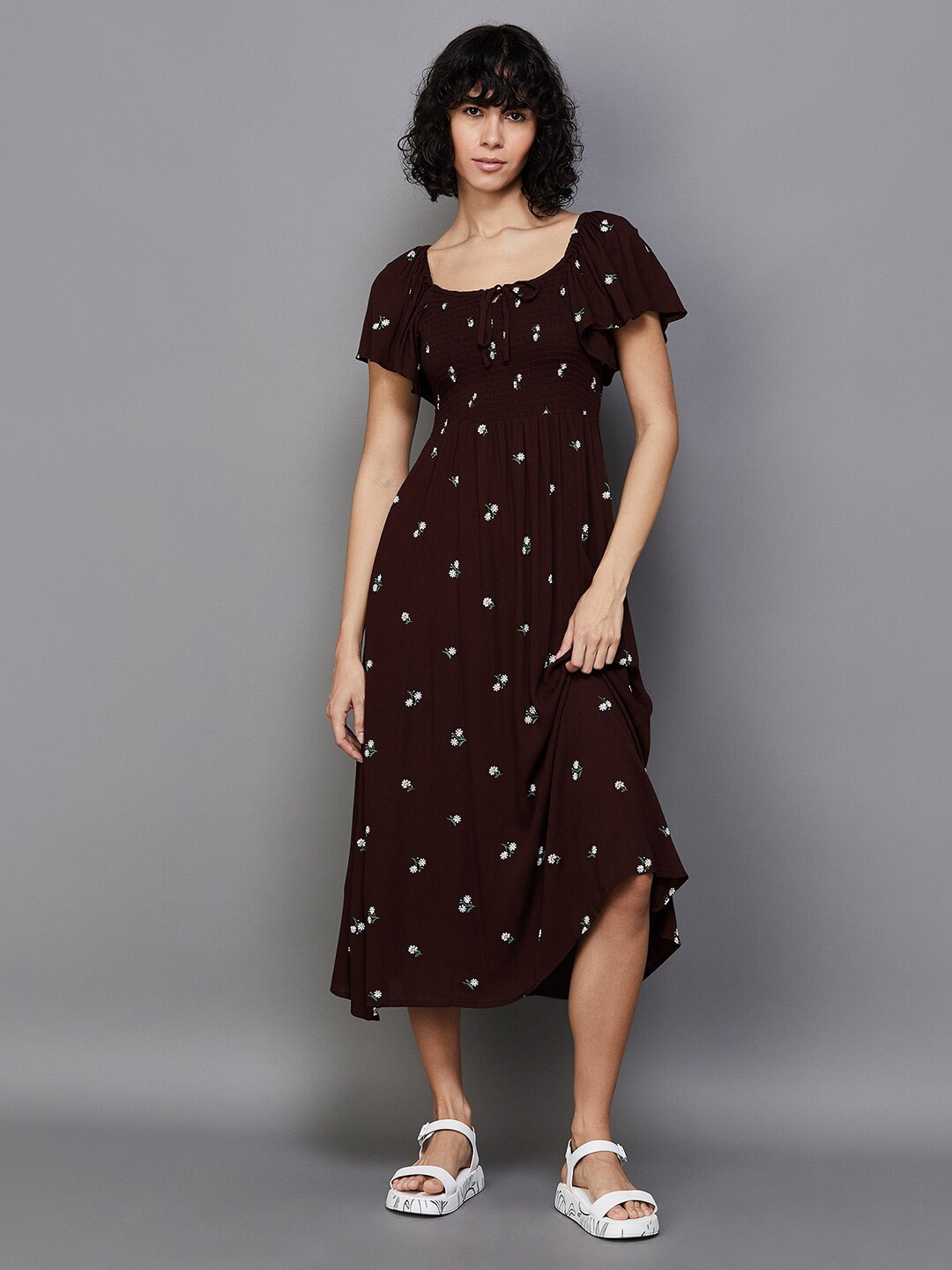 

Ginger by Lifestyle Floral Printed Flutter Sleeve A-Line Dress, Brown