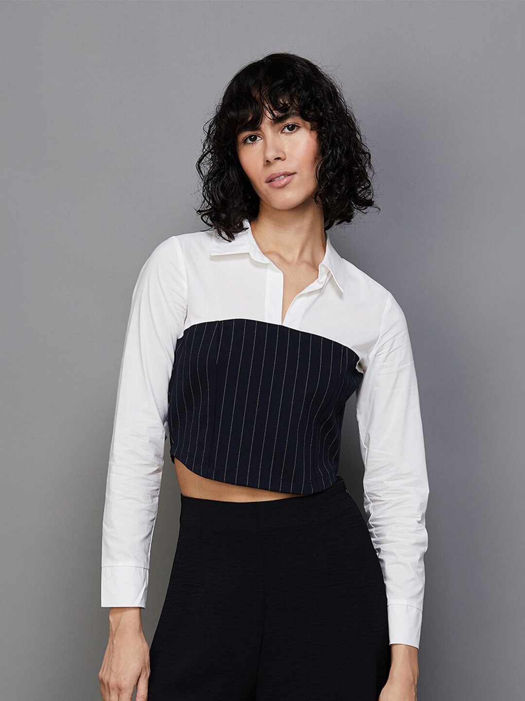 

Ginger by Lifestyle Striped Shirt Style Crop Top, Navy blue