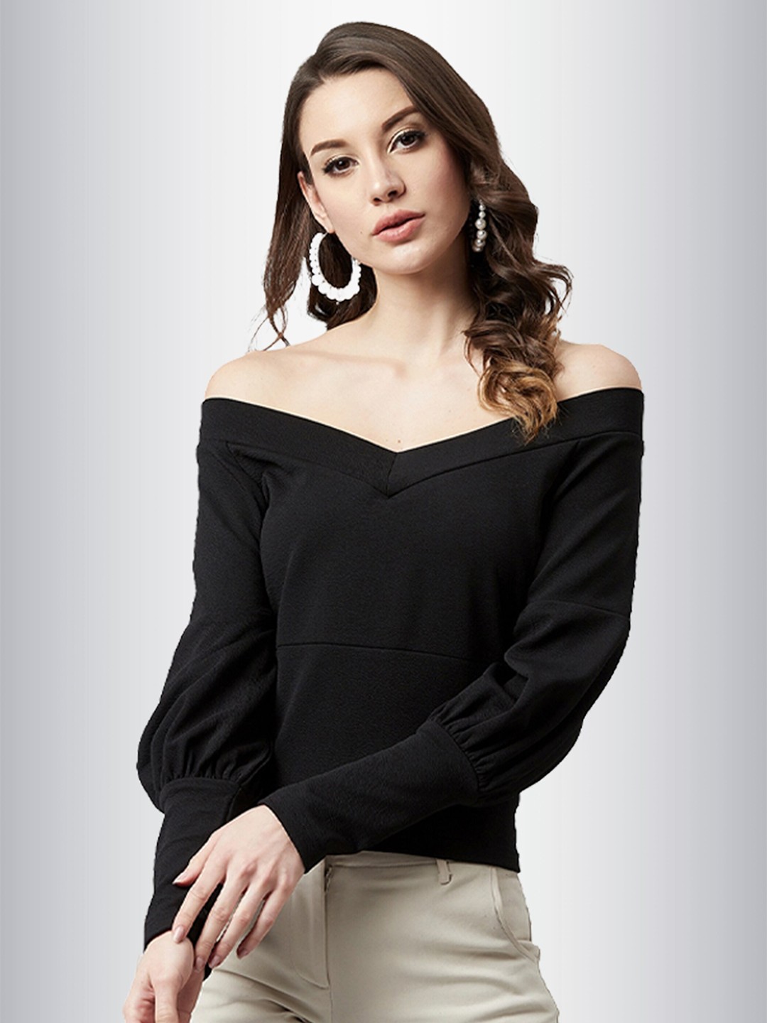 

N N ENTERPRISE Off-Shoulder Extended Sleeves Top, Black