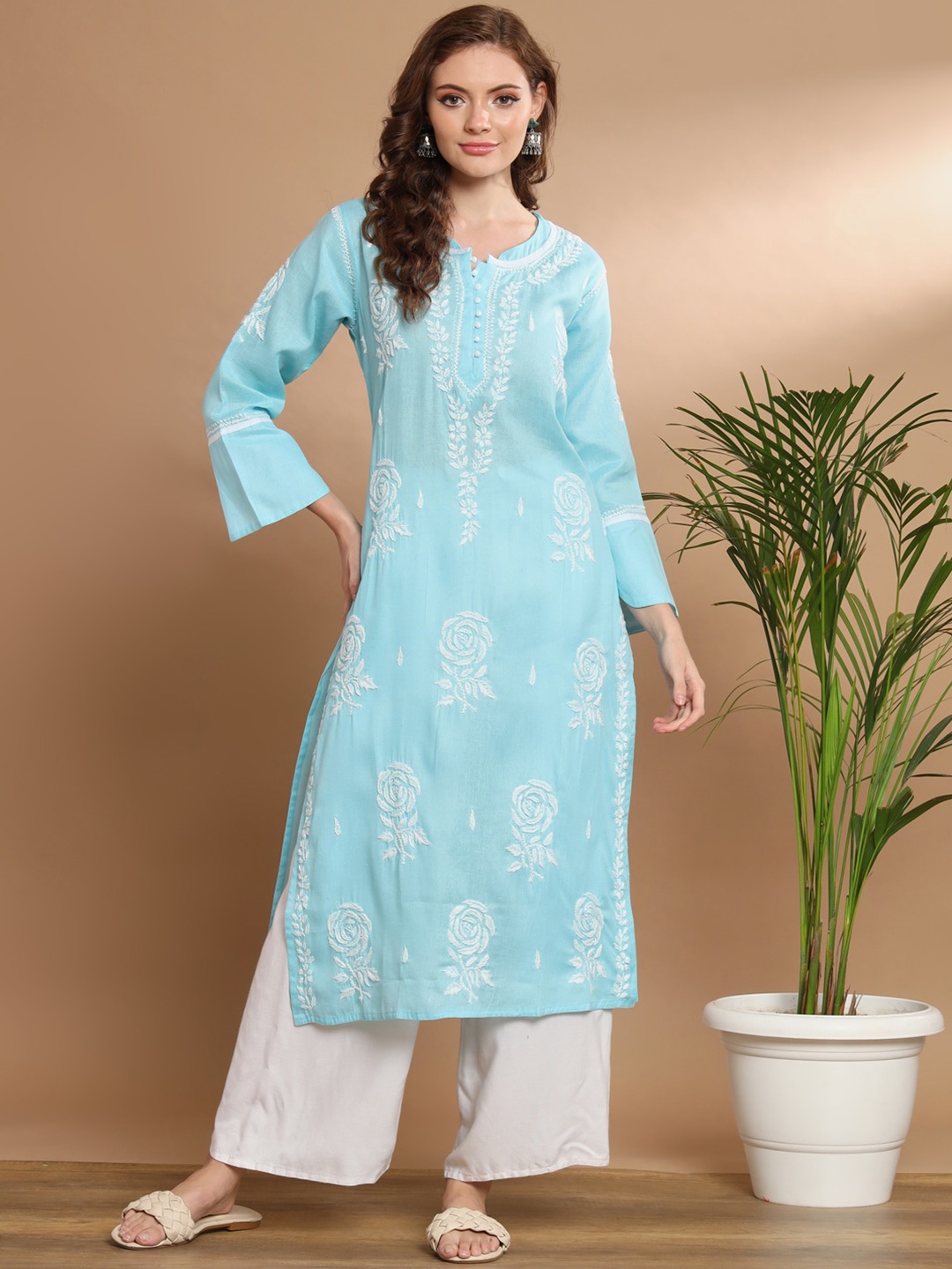

Ethnava Ethnic Motifs Embroidered Thread Work Pure Cotton Straight Kurta, Blue