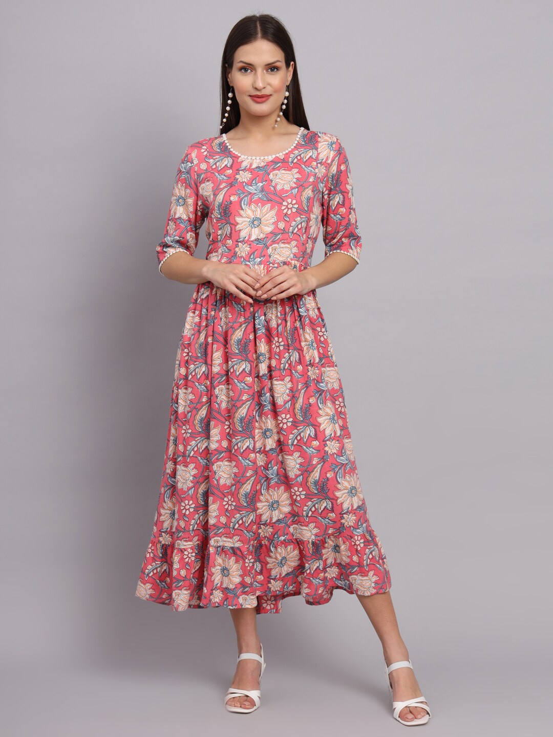 

DECKEDUP Floral Printed Flounce Hemline Lace-Up Detail Gathered Maxi Ethnic Dress, Pink