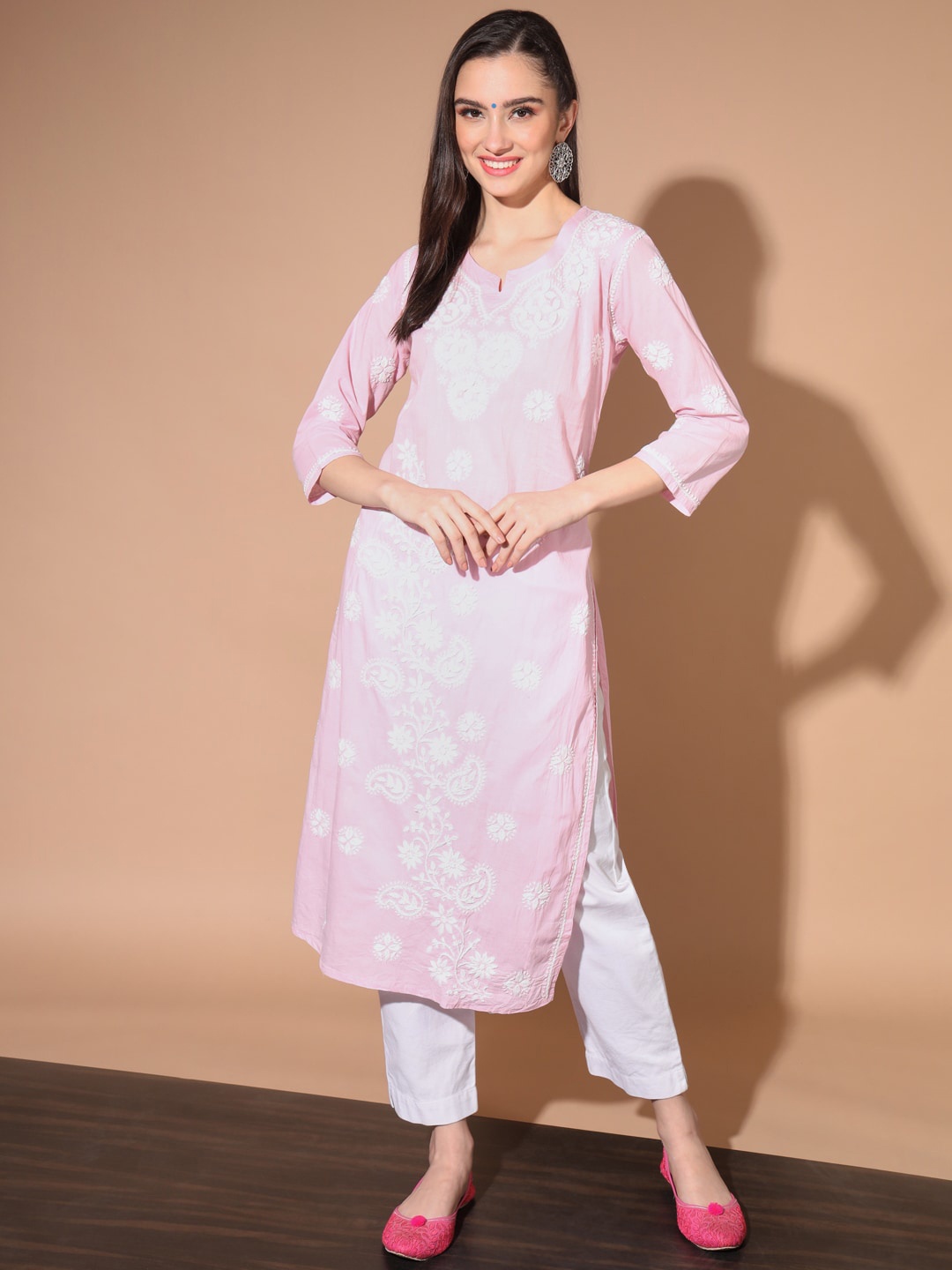 

Ethnava Floral Embroidered Cotton Straight Kurta, Pink