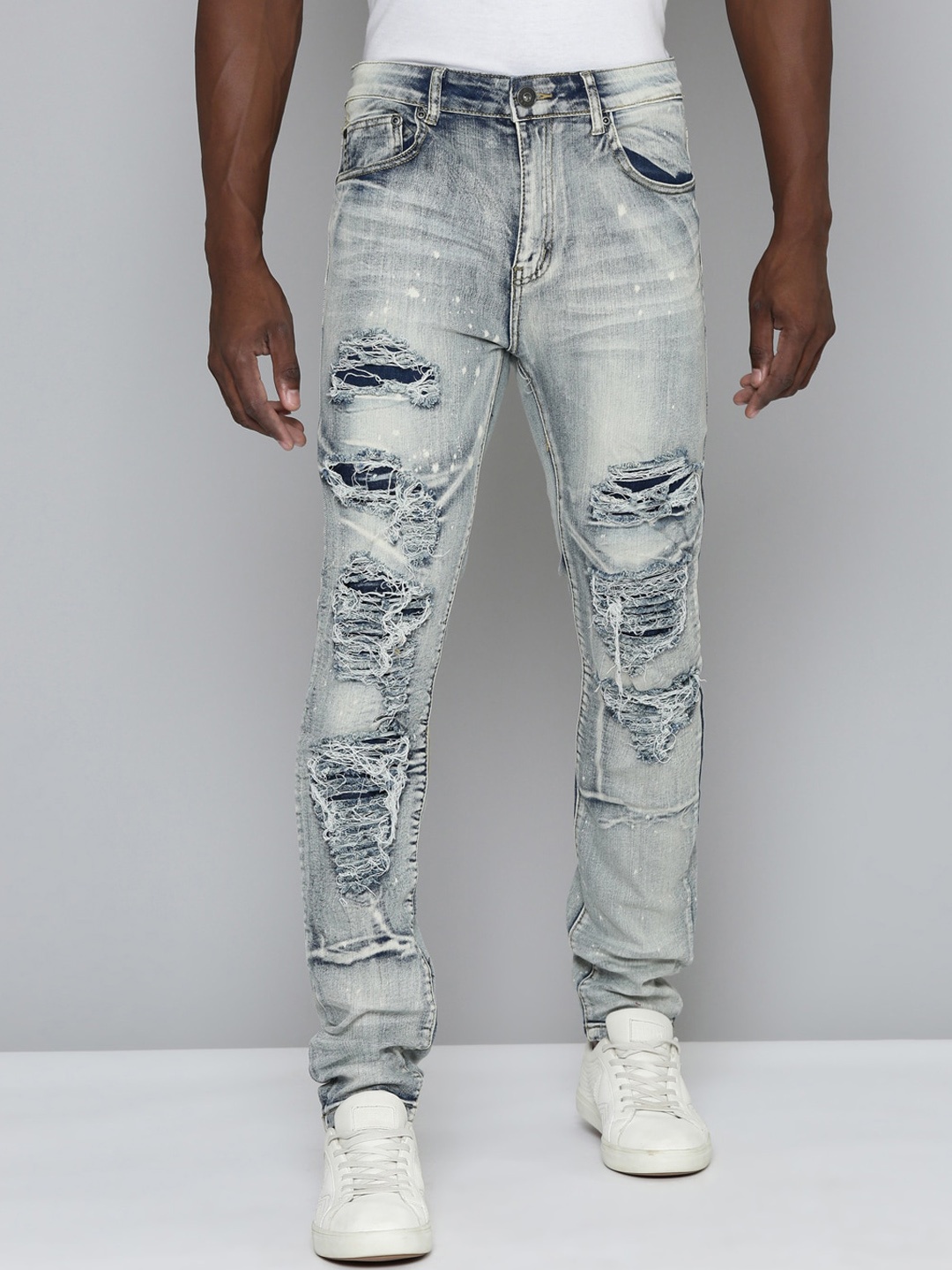 

WAIMEA Men Hollywood Skinny Fit Highly Distressed Heavy Fade Stretchable Jeans, Grey