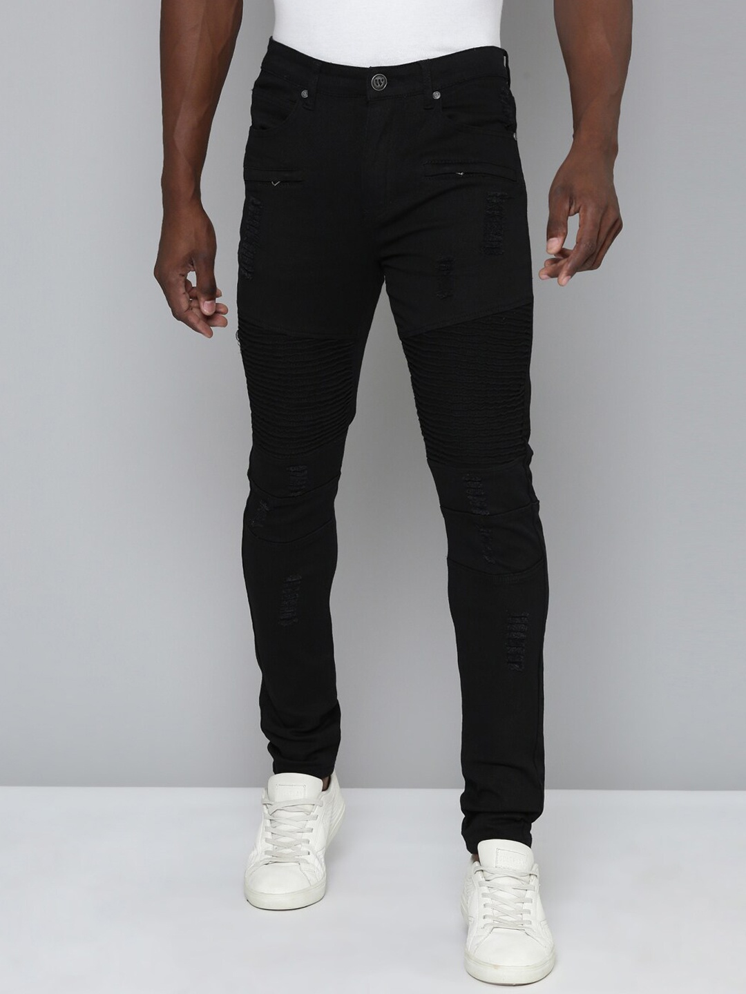 

WAIMEA Men Hollywood Mid-Rise Skinny Fit Mildly Distressed Stretchable Jeans, Black