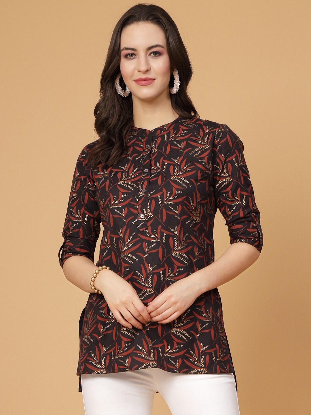 

Pistaa Ethnic Motifs Printed Mandarin Collar Roll-Up Sleeves Pure Cotton High-Low Kurti, Black