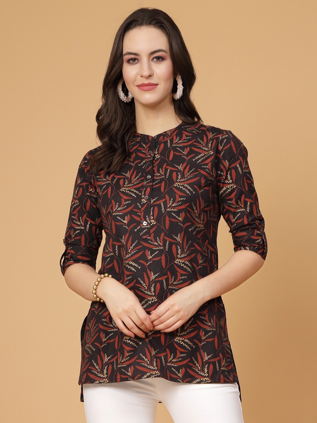 

Pistaa Ethnic Motifs Printed Mandarin Collar Roll-Up Sleeves Pure Cotton High-Low Kurti, Black