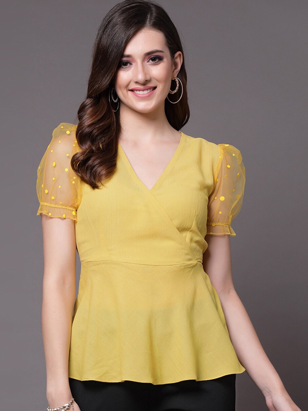 

Selvia V-Neck Puff Sleeve Wrap Top, Yellow