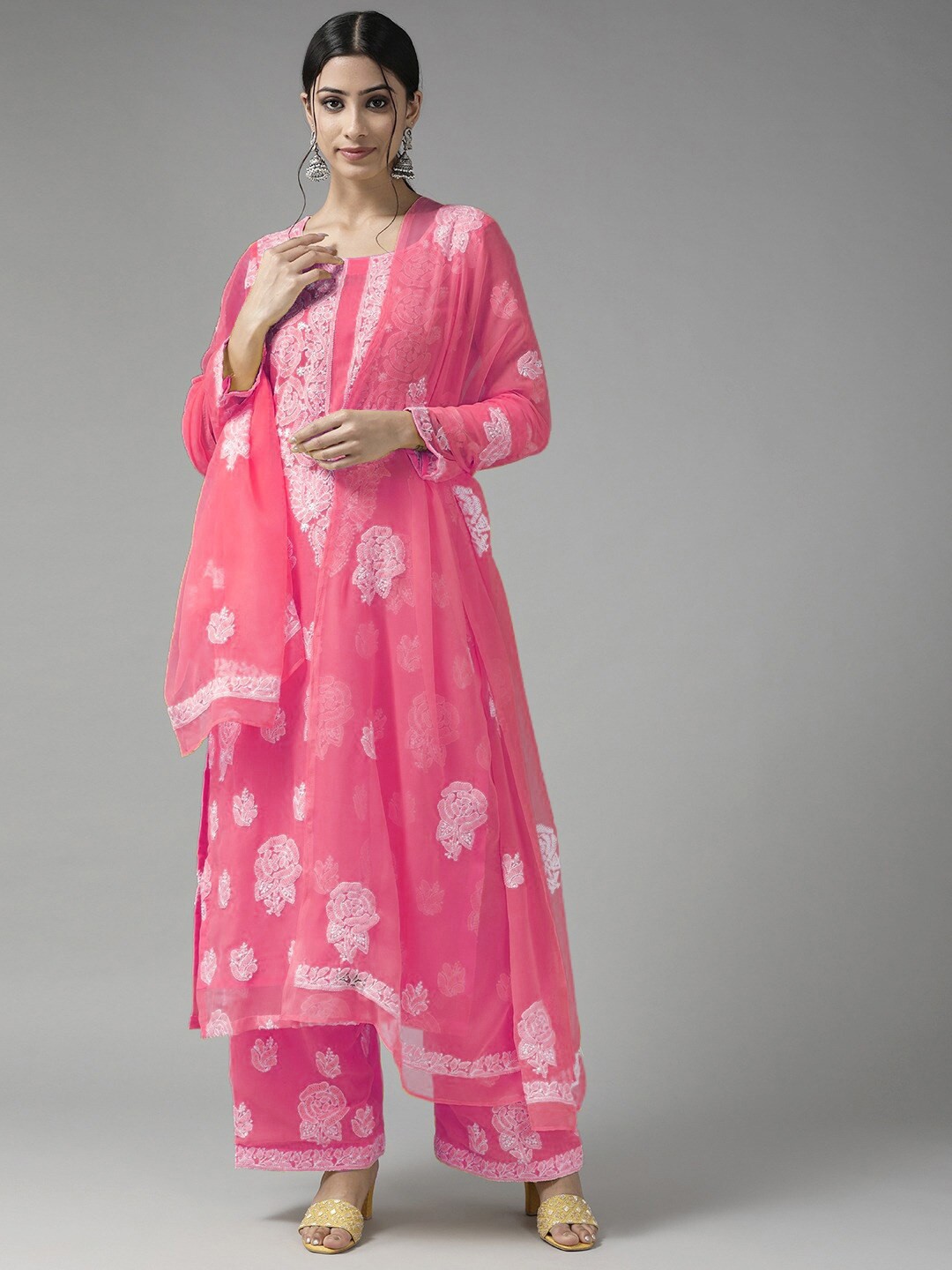 

ADA Chikankari Embroidered Unstitched Dress Material, Pink