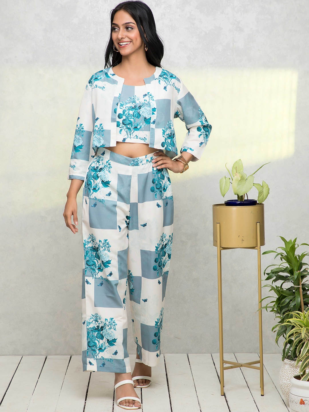

DressBerry Blue & White Summer Checks Printed Top & Trousers