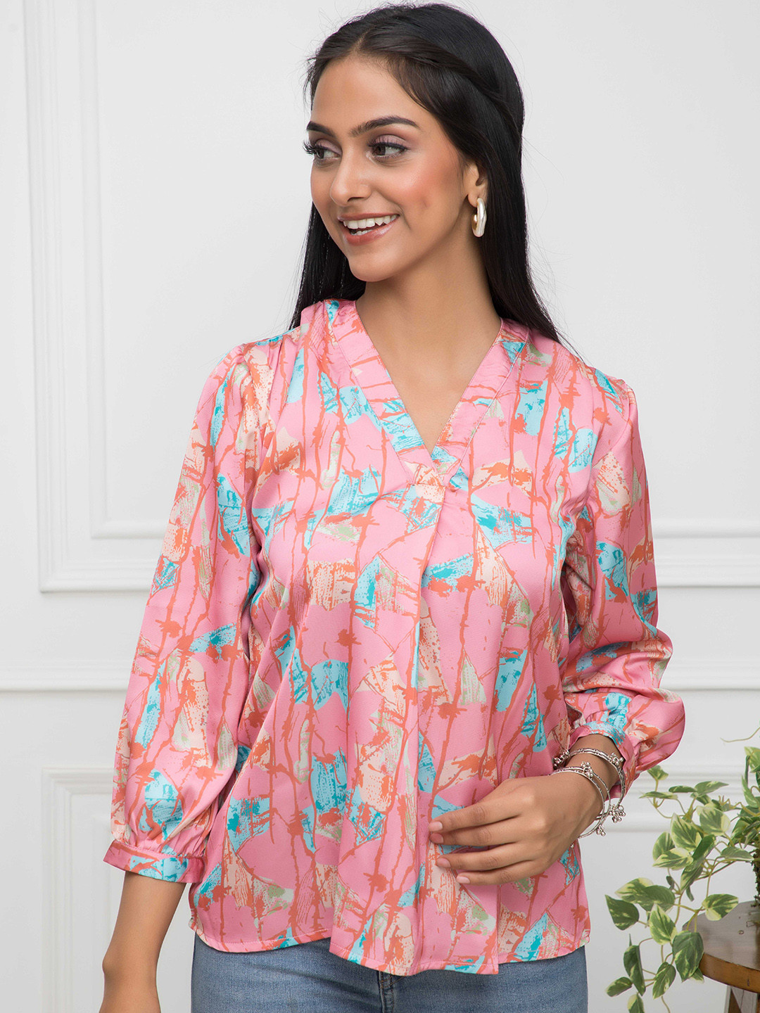 

DressBerry Pink Printed V-Neck Crepe Top