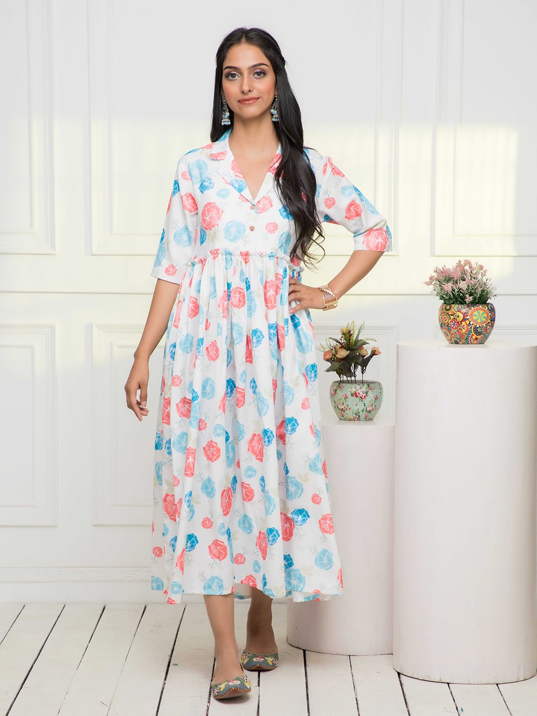 

DressBerry White & Pink Floral Printed A-Line Midi Dress