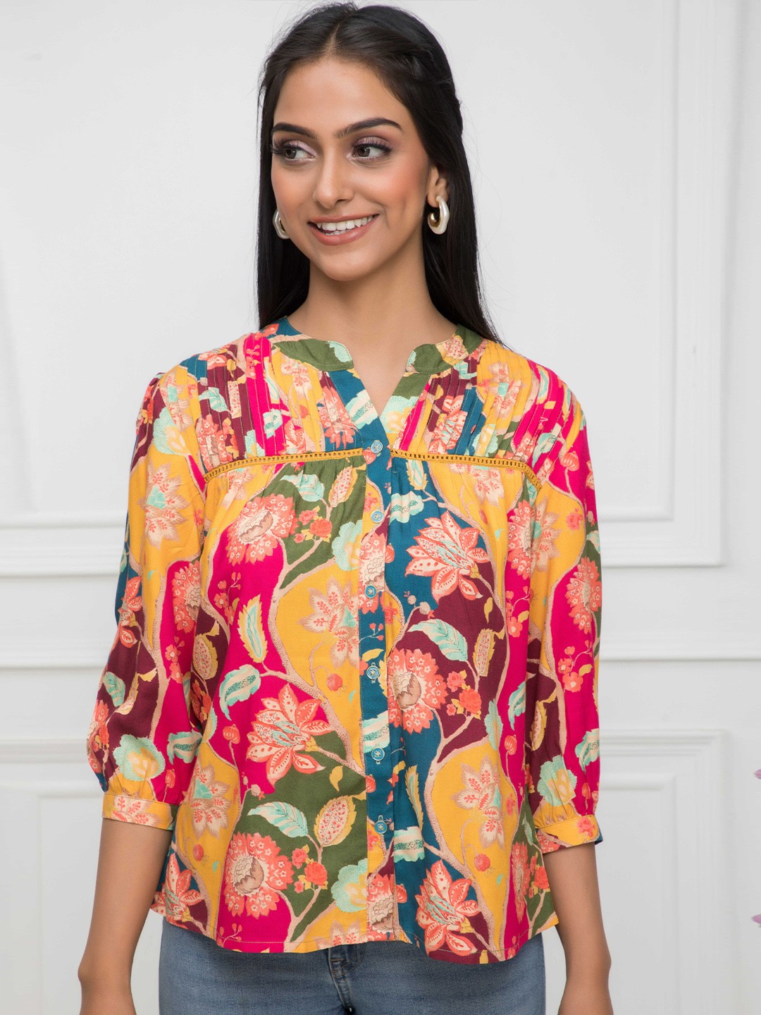 

DressBerry Yellow Floral Print Cotton Shirt Style Top