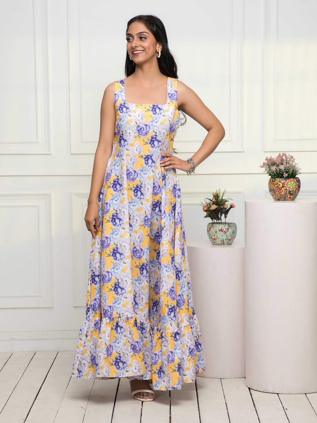 

DressBerry Yellow & Blue Floral Printed Maxi Dress