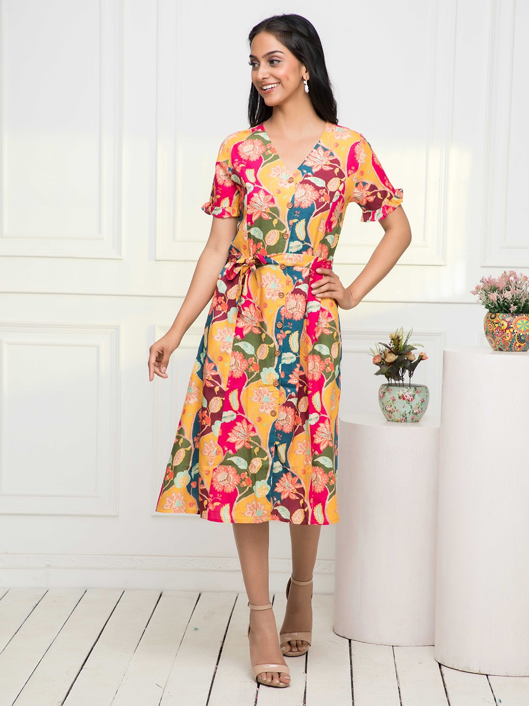 

DressBerry Floral Print Flared Sleeve Tie-Up A-Line Midi Dress, Mustard