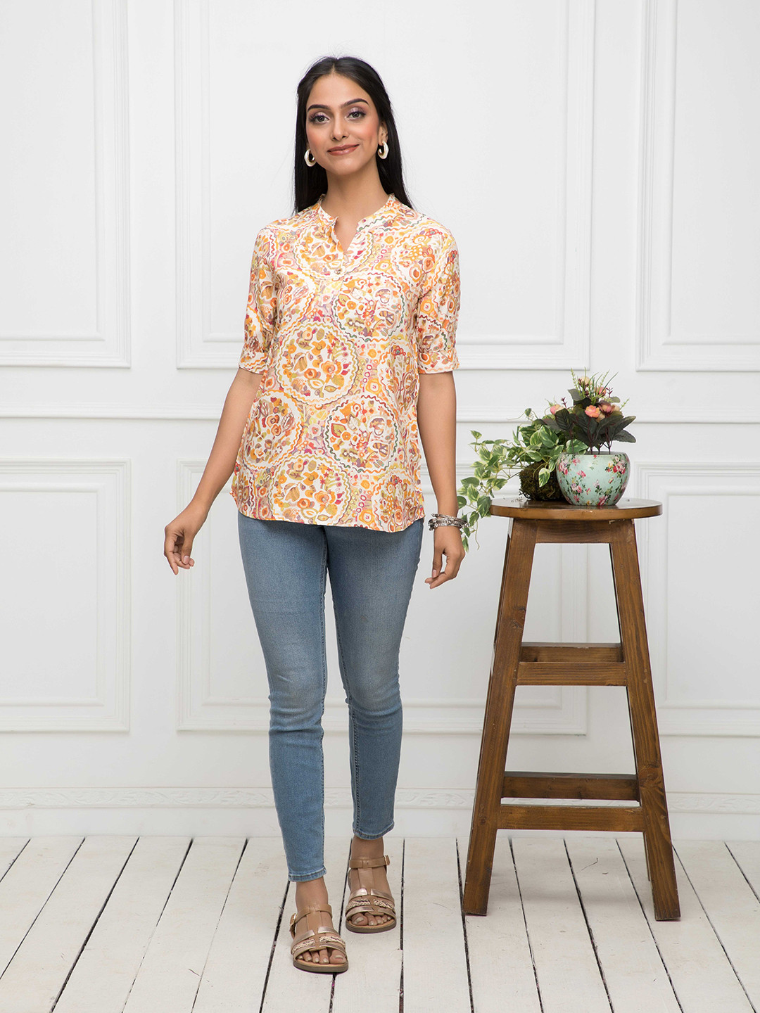 

DressBerry Mustard Yellow Floral Printed Mandarin Collar A-Line Top