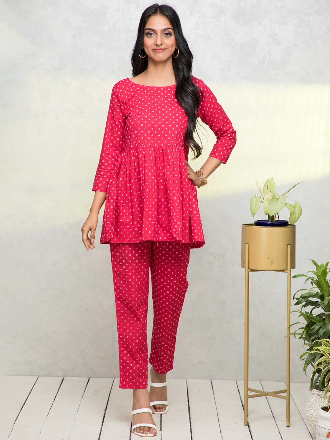 

DressBerry Women Printed Tunic Top & Trouser Co-Ord Set, Red