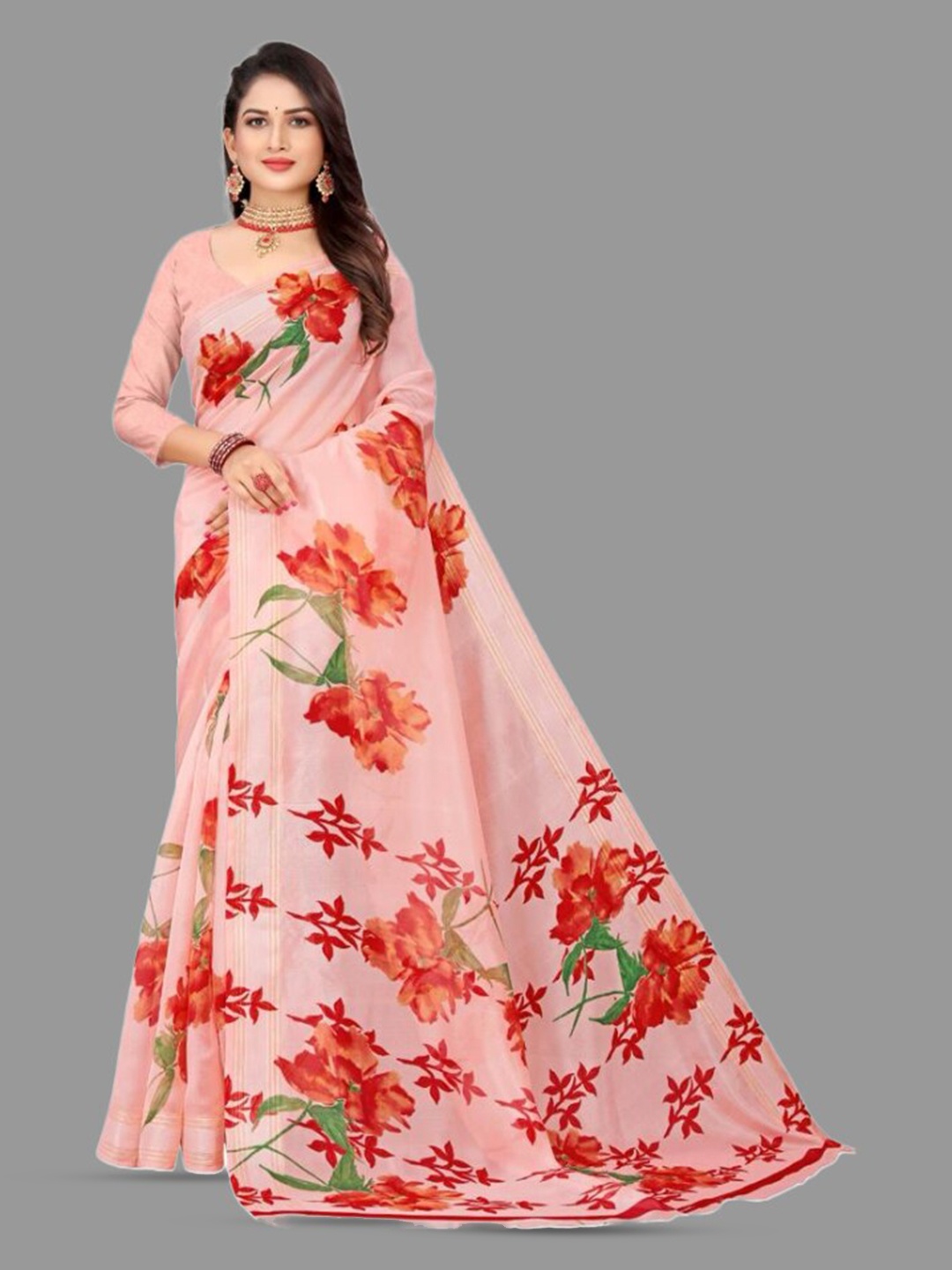 

APNISHA Floral Printed Organza Saree, Pink