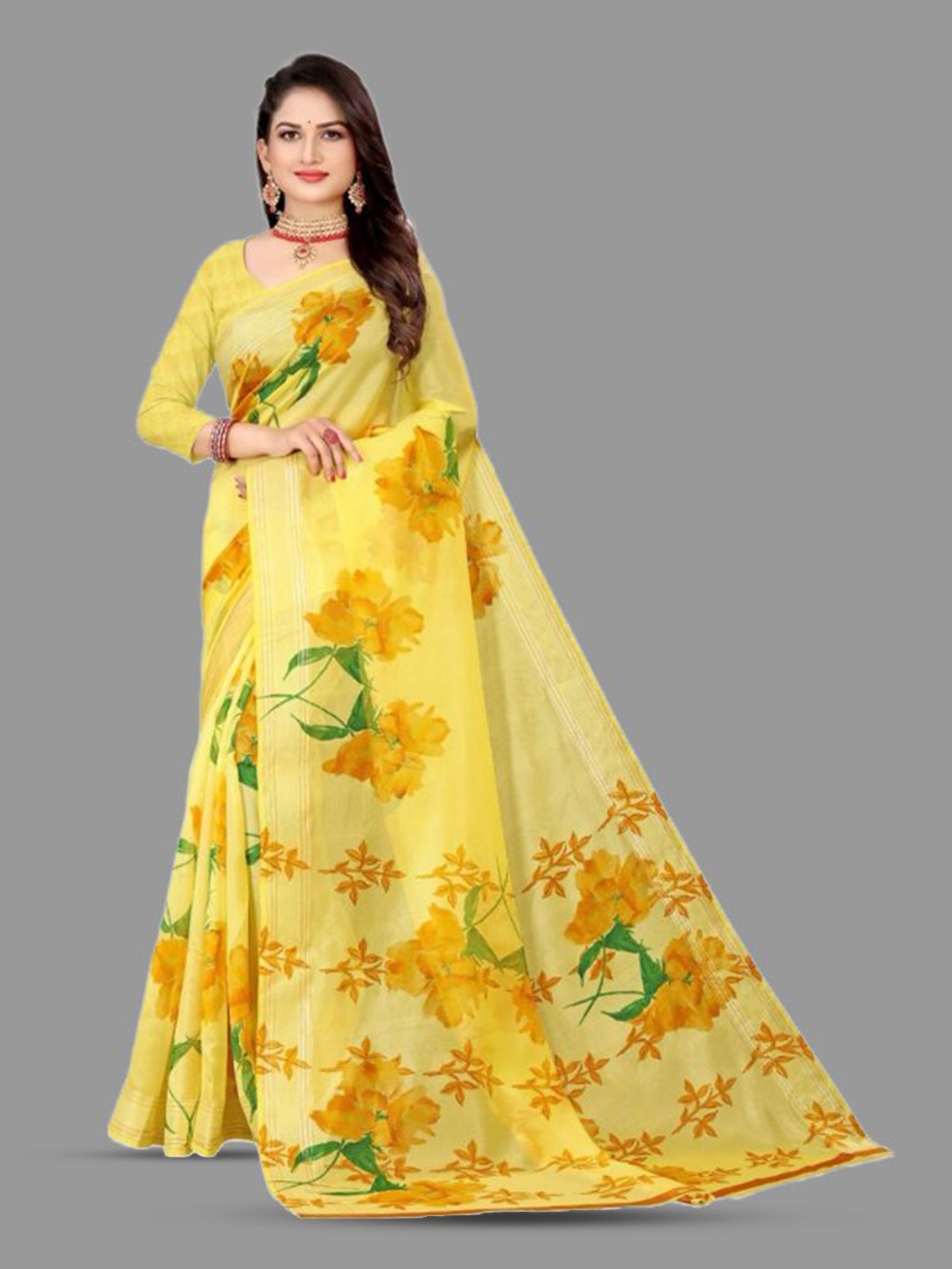 

APNISHA Floral Printed Organza Saree, Yellow