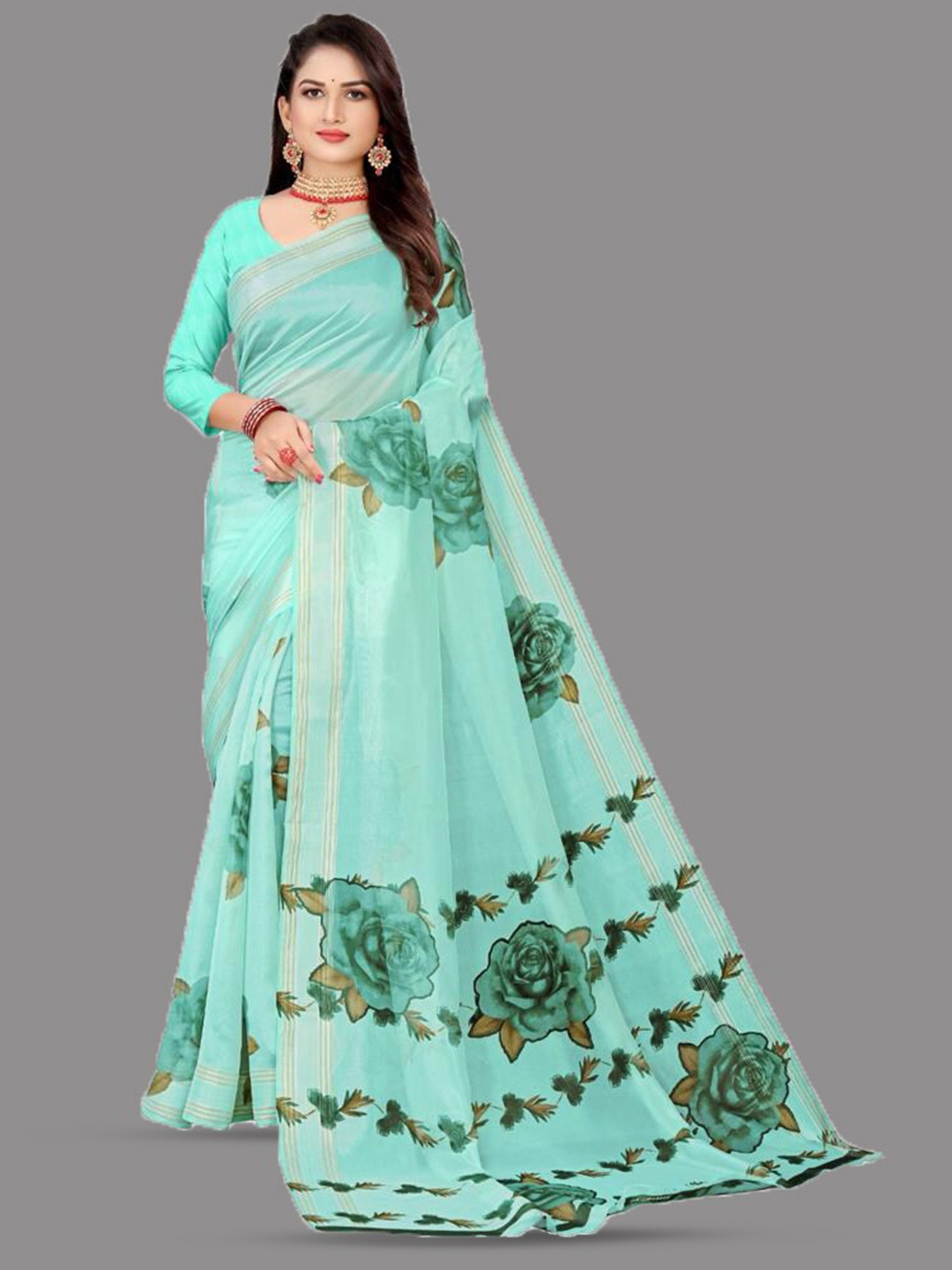 

APNISHA Floral Zari Detailed Organza Saree, Green