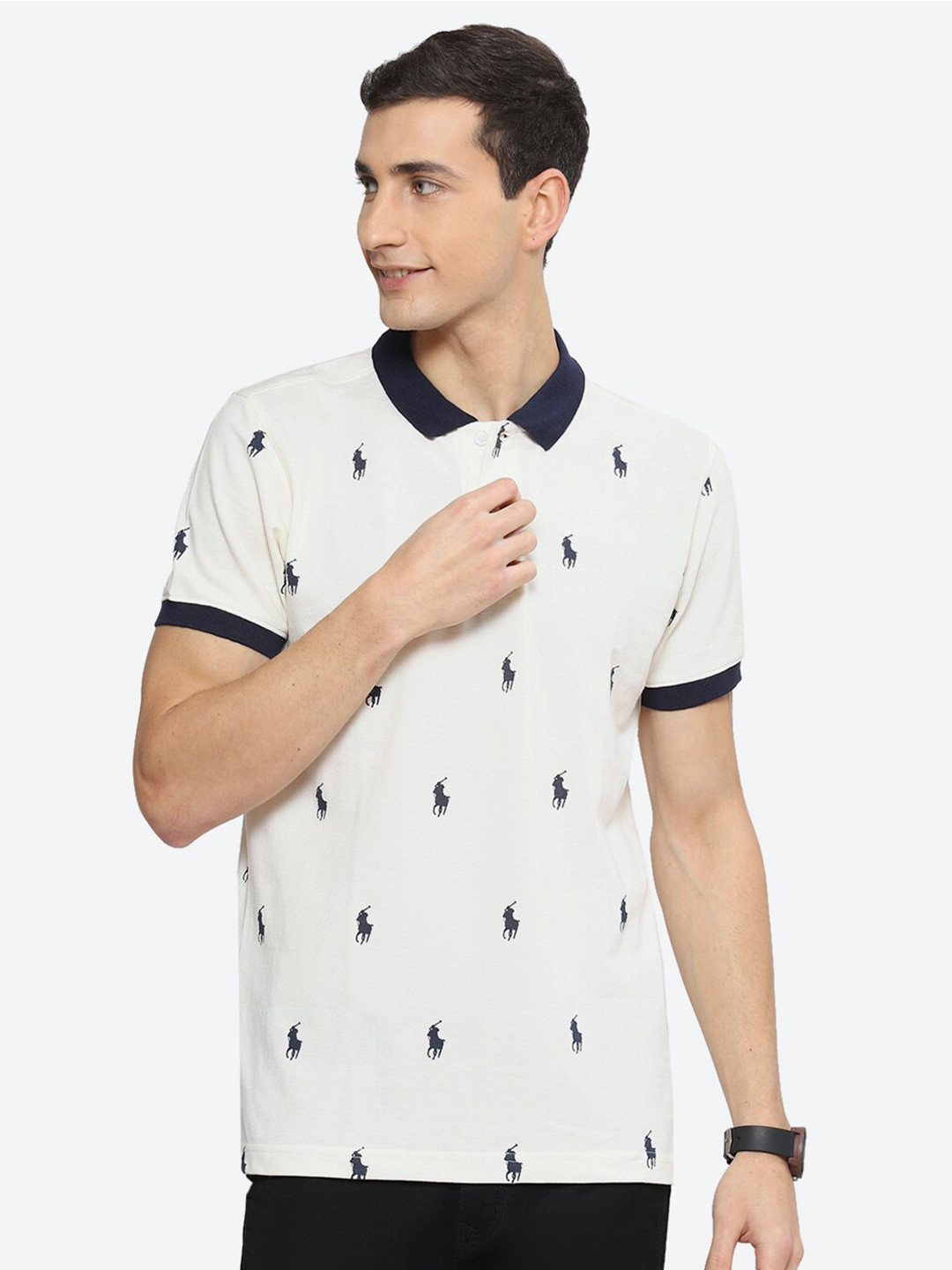 

2Bme Graphic Printed Polo Collar Cotton T-shirt, Off white