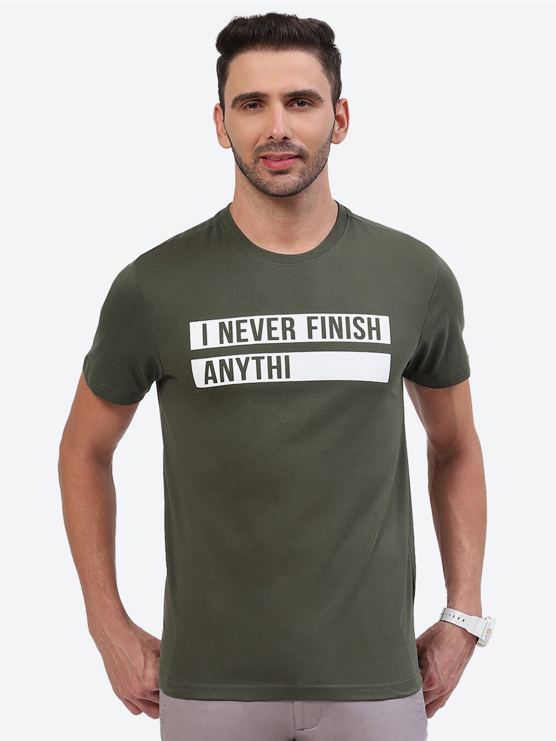 

2Bme Typography Printed Cotton T-shirt, Olive