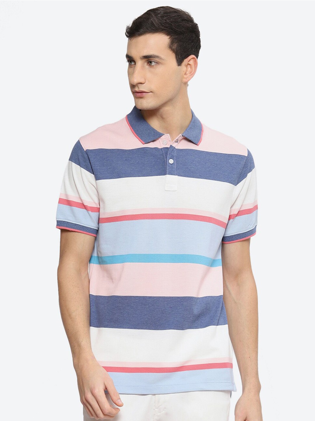 

2Bme Striped Polo Collar Cotton T-shirt, Pink