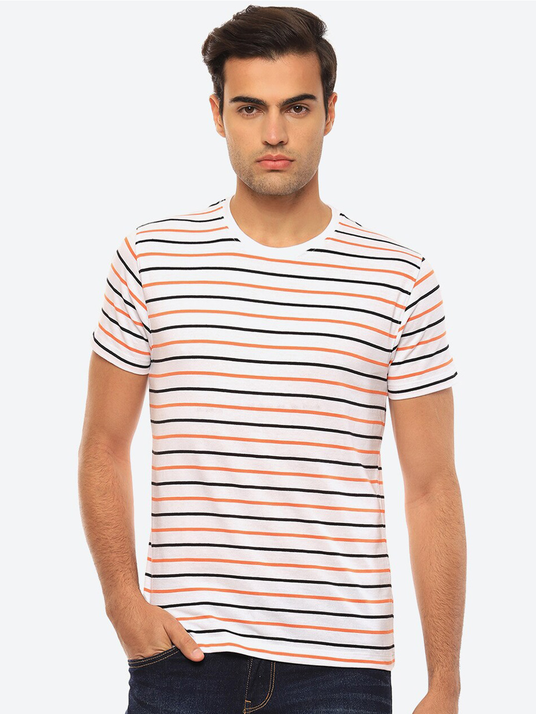 

2Bme Striped Round Neck Cotton T-shirt, White